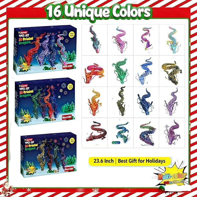 4-Pack Big 24 Inch 3D Printed Dragon Fidget Toy, Articulated Chinese Dragon Action Figure with Gift Box - Christmas Gift, Imaginative Play, Office Desk Decor & Collectible Figurine for Kids & Adults