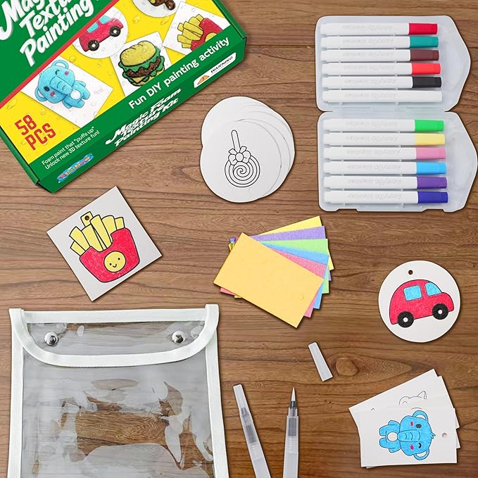 Tibibee Magic Puffy Paint, 58pcs Magic Foam Texture Painting Kit, Include 32pcs Foam Texture Paper, 12 Acrylic Markers, Magical 3D Effect Texture DIY Painting Kit for Kids Ages 3–8