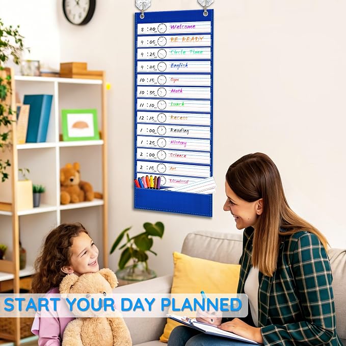 ZKOO Daily Schedule Pocket Chart, 13+1 Pocket with 18 Dry-Erase Cards Blue - Image 7