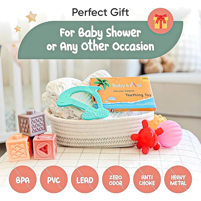 Dolphin Silicone Teether Toy with 8 Texture Zones, Easy Grip for Little Hands, Ages 3M+, Baby’s Aid (Aqua Mint)