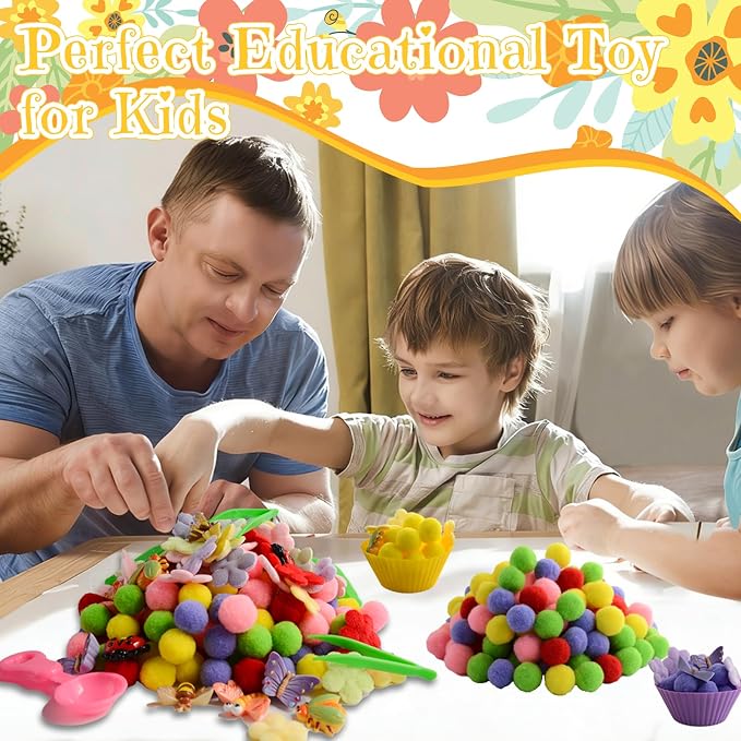 225pcs Spring Sensory Bin Filler Fine Motor Toys Flowers Insects Sensory Bin Items Bee Dragonfly Butterfly Beetle Ladybug Felt Easter Flowers Pom Poms for Color Counting Sorting - Image 6