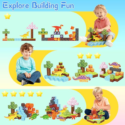 158PCS Magnetic Blocks- Magnetic Cubes 3D Dinosaur World for Kids STEM Construction Toys - Learning Educational Magnetic Building Blocks for Boys & Girls Ages 3 4 5 6 7 8 9 Christmas Birthdays Gifts