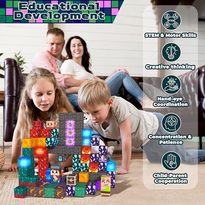 Light up Magnetic Blocks, 150PCS Magnetic Building Cube Game, Constructions Toys for Kids Age 3-4, 5 6 7 8 9 10, STEM Montessori Building Set for Kids, Building Stacking Toy Birthday for Toddlers - Image 6