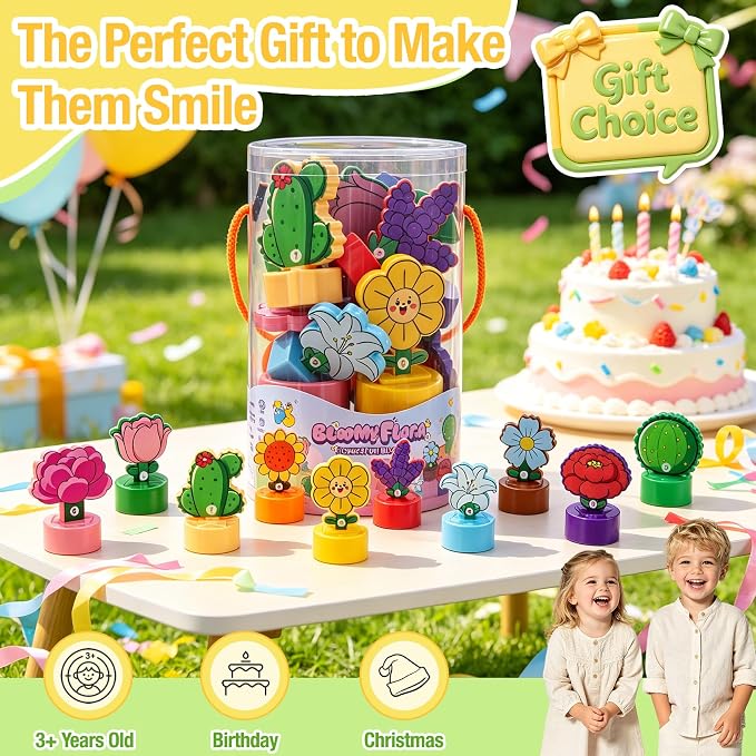 TSYAN Montessori STEM Toys Gift for Toddlers, Bloomy Flora Shape Color Number Sorting Matching Game, Educational Fine Motor Skills Learning Flower Blocks with Storage Tube for Boys Girls 2-4 Year Old - Image 7
