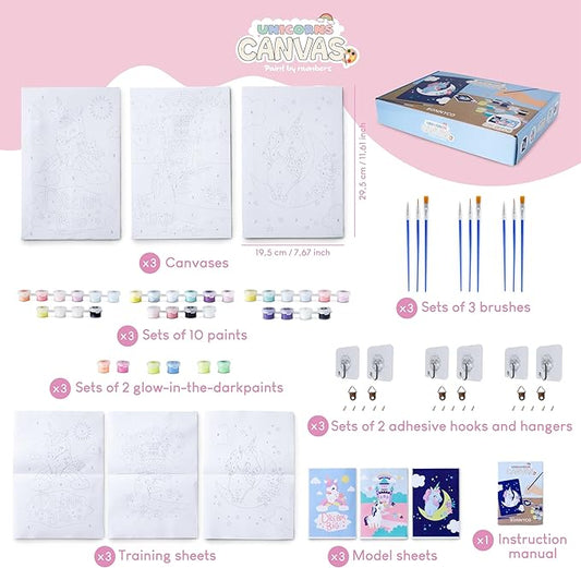 BONNYCO Paint by Numbers Kit for Kids Unicorns Pack 3 Canvas. Paint by Number, Canvas Framed Pre Drawn. Unicorn Gifts for Girls, Arts and Kids Crafts 4-6 8-12. Pintar por Numeros, Unicorn Craft