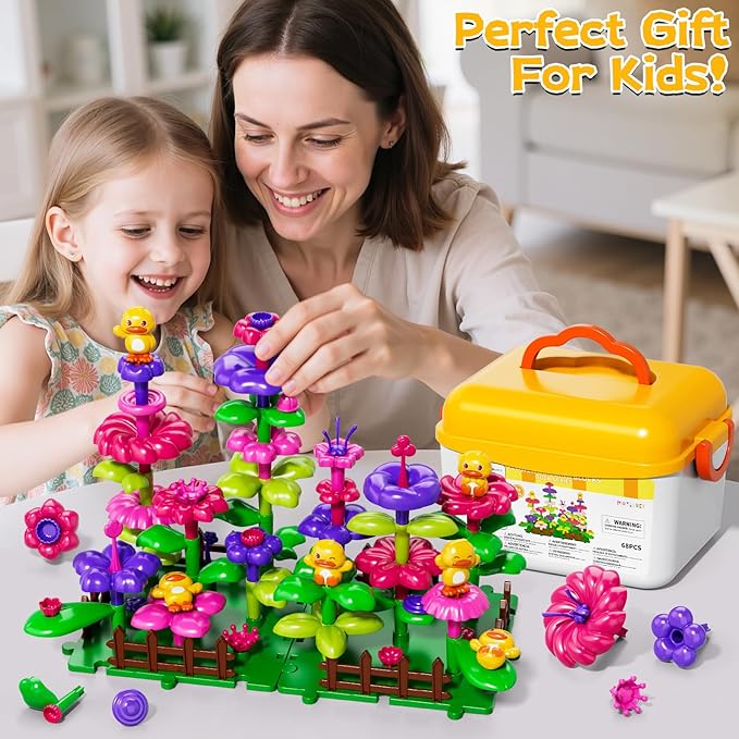 Flower Garden Building Toys for Toddler 3 4 5 6 7 Years Old, DIY Stacking Toys with Storage Box, Kids STEM Preschool Educational Toy, Christmas Birthday Gift for Girls Ages 3-5
