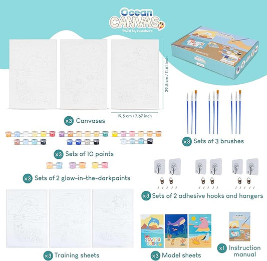 BONNYCO Paint by Numbers Kit for Kids Sea Animals Pack 3 Canvas. Paint by Number Canvas Framed, Ocean Gifts for Kids. Arts and Crafts 4-6 8-12, Pintar por Numeros. Pre Drawn Painting Under Sea Crafts