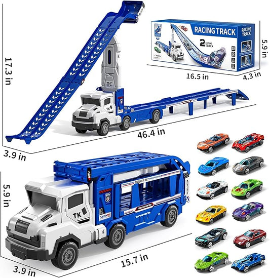 Transport Truck Toys for 3 4 5 6 7 Years Old Boys,Toys Cars Track Set Transporter Trucks with 12 Die-Cast Car Toys 2 Race catapults Dual-Track Model,Toddler Car Toy Set for Kids Boys Girls