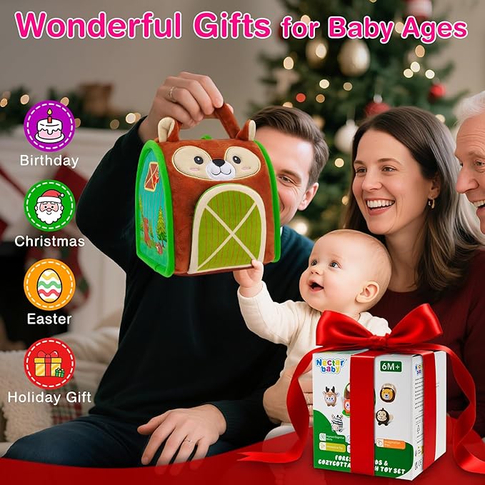 Montessori Sensory Toys for Babies 6-12 Months & Toddlers 1-3 Year Old - Educational Stuffed Animal Set with Rattle, Crinkle & Safe Mirror for Baby Kids & Boy Girl