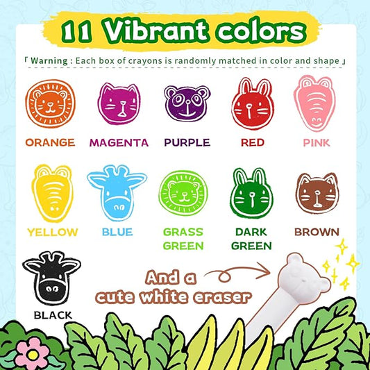 R&DLanci Animal Crayons for Toddlers, 11-colors Washable Crayon Set with Eraser & Drawing Paper, Non-Toxic Crayon, Easy to Hold, Mess-Free Crayons for kids, Art Supplies for Toddlers and Kids Ages 3+