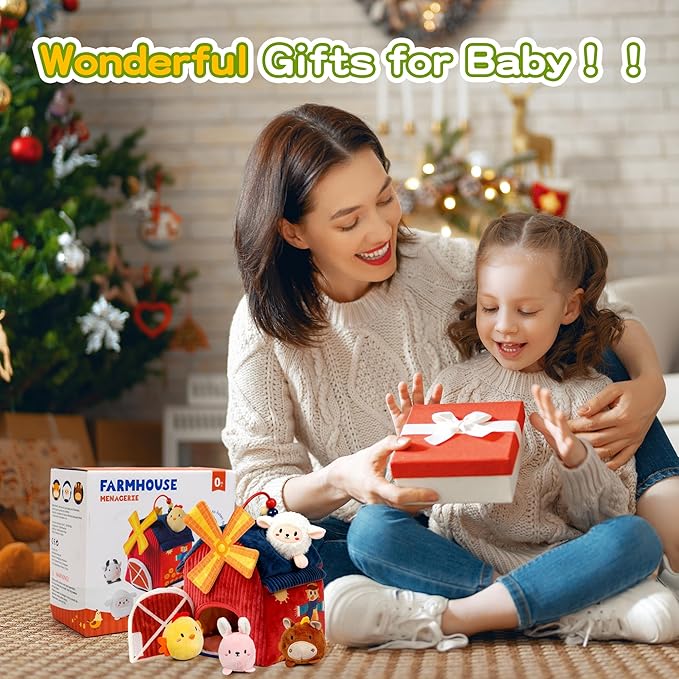 brenzo Barnyard Baby Toys 6-12 Months, 7-Piece Montessori Sensory Playset Babies 0-3, Tummy Time Companion w/ 6 Farm Animals, Rattle, Crinkle, Squeaker & Mirror, Ideal Newborn Toddler Christmas Gift