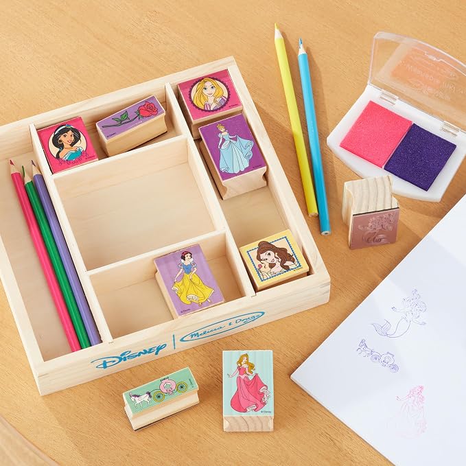Melissa & Doug Disney Princess Wooden Stamp Set: 9 Stamps, 5 Colored Pencils, and 2-Color Stamp Pad Disney Princess Coloring, Stamps with Washable Ink, for Kids Ages 4+ - Image 9