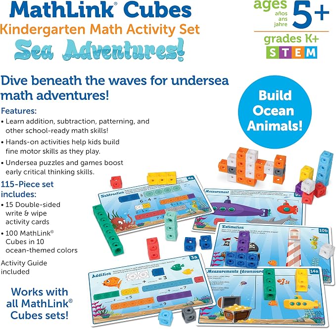 Learning Resources MathLink Cubes Kindergarten Math Activity Set Sea Adventures! - 115 Pieces, Age 5+, STEM Teaching Toys, Kindergartner Games - Image 5