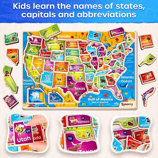 SYNARRY Large USA Wooden Puzzles for Kids Ages 3-5, Learning United States Map Puzles for Kids Ages 4-6, Wood Jigsaw Puzzles Educational Games Toys Gifts for Boys Girls Ages 3-8 - Image 2