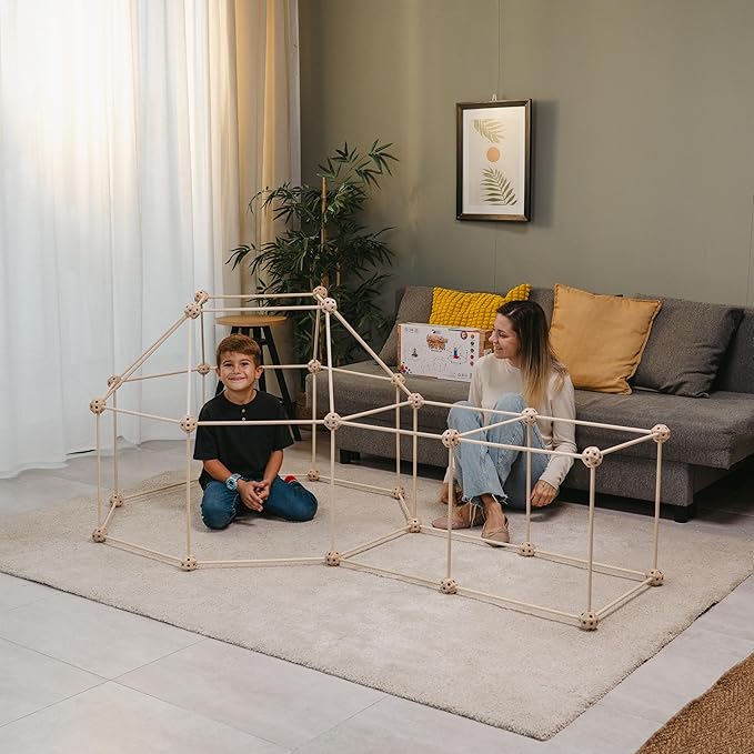 MIND KIDZ Wooden Fort Building Kit for Kids - STEM Monstessori Construction Toy - 52 rods & 30 Spheres, Eco-Friendly Play Set for Boys & Girls