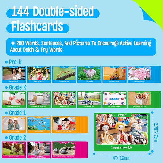 288 Dolch & Fry Sight Words for Kids, 144 Flashcards in 4 Levels - Image 2
