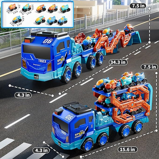 Toddler Car Truck Toys for Kids Boys Ages 3-5, 10-in-1 Foldable Carrier Space Truck Toys with Lights & Sounds and 9 Race Cars, Birthday Gift for 3 4 5 6 7 8 Years Old Boys Girls