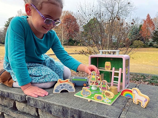 Suitcase Playset(Fairy House) by Jack Rabbit Creations-17 Piece Set-Portable Play Toys-Includes Fairies,Animals ,Gnome Bridge and Car-Made of Eco-Friendly Bamboo- Ages 3+ Years