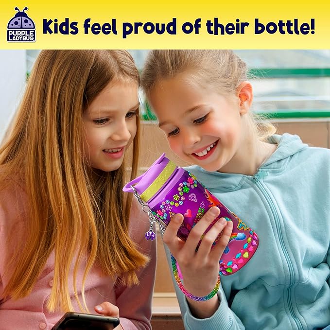 PURPLE LADYBUG Decorate Your Own Water Bottle Kit for Girls - Gifts for Ages 5 6 7 8 9 10 Year Old Girl Birthday, Girl Valentines Day Gifts Unicorn Toys Crafts Kids Ages 6-12
