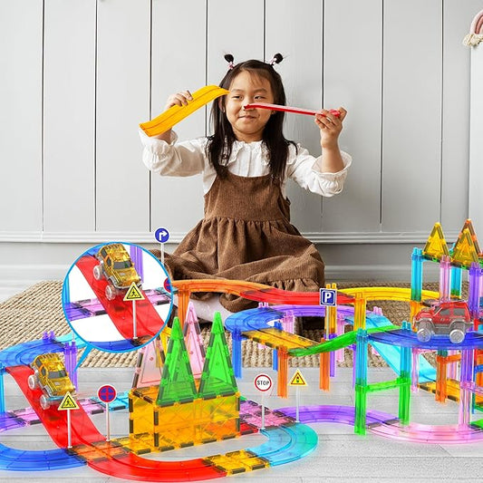 PicassoTiles 6 Piece Magnetic Tiles Race Track Ramp Accessories STEM Building Blocks Toys Magnet Tile Educational Construction Playset Boys Girls Brain Development and Creative Pretend Play Toy PTR06