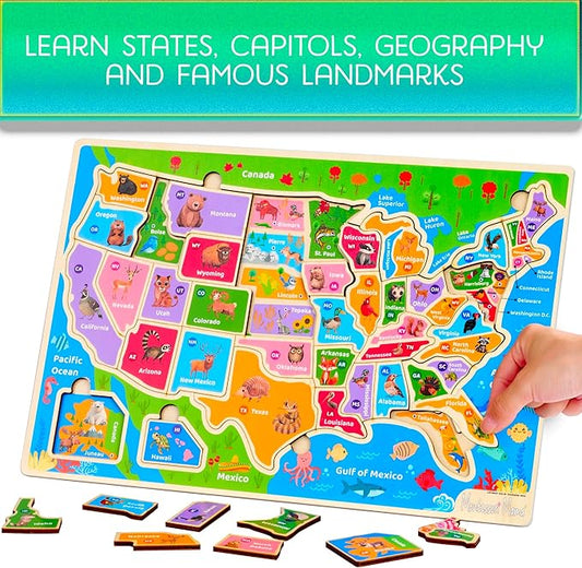 Montessori Mama Wooden Puzzles for Kids Ages 4-6, USA States and Capitols, World Continents and Oceans, Combo Set 2 Toddler Puzzles - Image 2