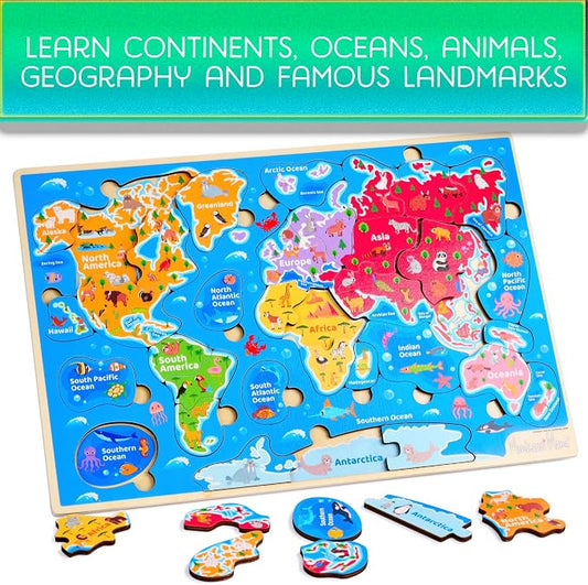 Montessori Mama World Map Wooden Puzzle, Continents and Oceans Puzzles for Kids Ages 4-6. Perfect Educational Toys for 4 Year Old Including Global Landmarks, Animals and Marine Life - Image 2