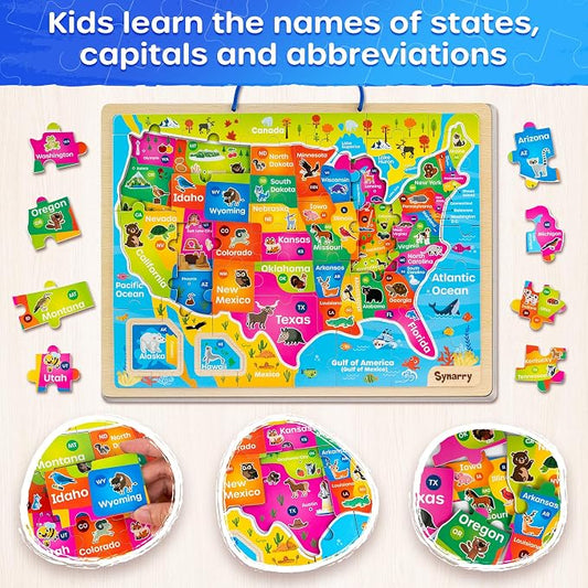 SYNARRY Large USA World Solar System Wooden Magnetic Puzzles for Kids Ages 4-6, Wood Puzzles Educational Games Toys Easter Gifts for Toddlers, United States World Space Map for Boys Girls Ages 3-5 4-8 - Image 2