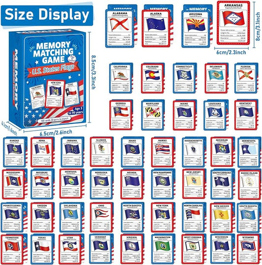 gisgfim 100 PCS Memory Matching Game Flags of U.S. States Concentration Memory Card Educational Cards Games Geography Learn States Capitals Game Gift for Kid Adults Learning Activities Matching Games - Image 2