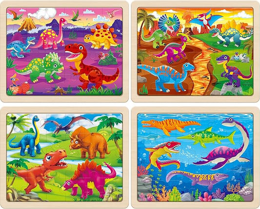SYNARRY Large Dinosaur Wooden Puzzles for Kids Ages 4-6, 4-in-1 Gift Set - Image 2
