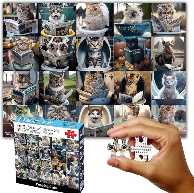Think2Master Pooping Cats 250 Pieces Jigsaw Puzzle Featuring heartwarming Kittens and Cats. Perfect Bathroom Decoration, White Elephant Gag Gift. Fun Puzzle for Adults & Teens. Size: 14.2” X 19.3” - Image 7
