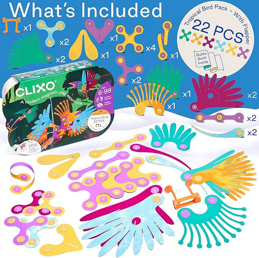 Clixo Tropical Birds Pack - Magnetic STEAM Building Toy Set with Custom Wing-Flapping Mechanism for Creative Play, Ages 6+