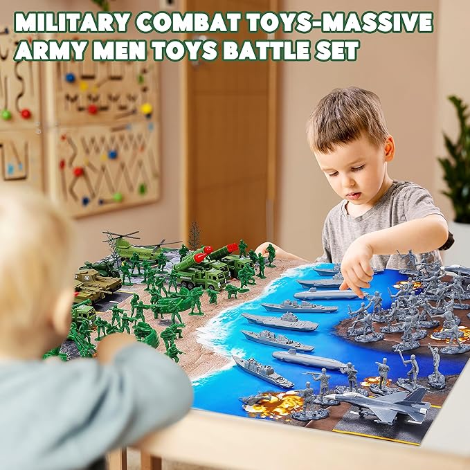Army Men Playset – 117 Pcs Military Toy Soldiers Set with Action Figures, Battle Mat, Tanks, Helicopter, Submarine & Weapon Gear – Army Toys for Boys Ages 4-12, Great Gift for Kids
