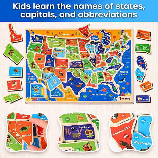 SYNARRY Large USA World Solar System Wooden Puzzles for Kids Ages 4-6, Wood Jigsaw Puzzles Educational Games Toys Gifts for Toddlers, Learning United States World Space Maps for Boys Girls Ages 3-8 - Image 2