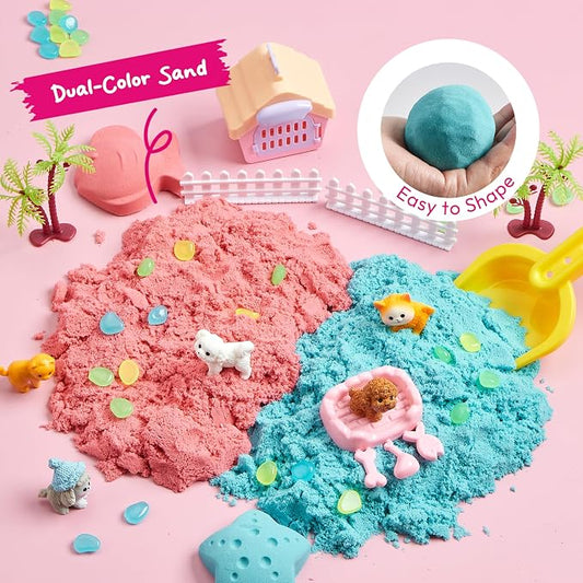 JOVA Klever Kits Cute Pet Sensory Bin for Kids with Glow in The Dark Stones, Sandbox with Lid Dual-Color Sand, Preschool Learning Activities Gifts for Boys Girls Age 3+ - Image 2