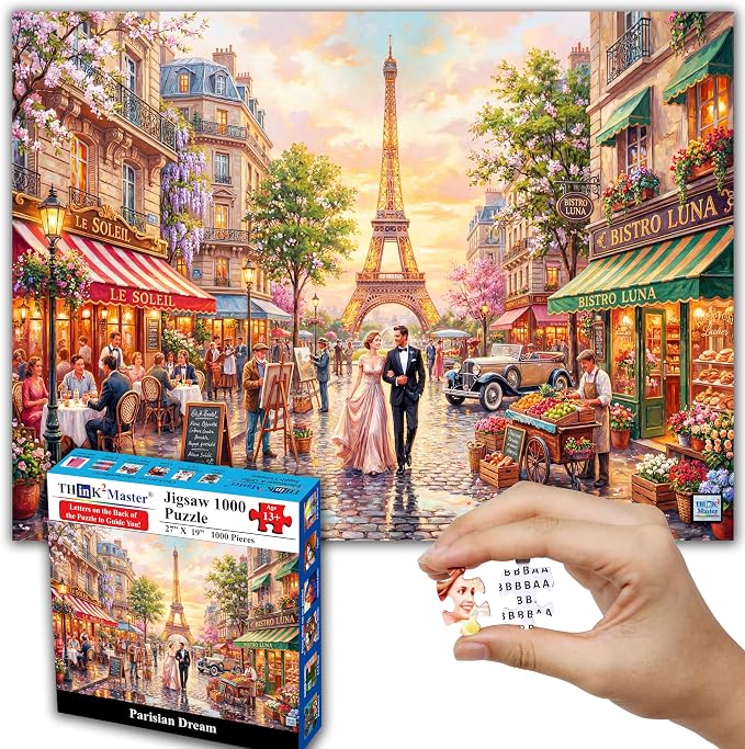 Think2Master Parisian Dream 1000 Pieces Large Format Jigsaw Puzzle: 13+, Teens, Adults & Families. Romantic European Getaway. French Cafe with Eiffel Tower at Sunset. Great Gift. Size: 26.8” X 18.9” - Image 7
