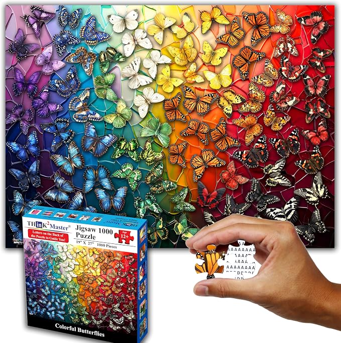 Think2Master Colorful Rainbow of Butterflies & Stained Glass 1000 Pieces Large Format Jigsaw Puzzle for 13+, Teens, Adults & Families. Beautiful Vibrant Illustration Artwork Size: 26.8” X 18.9” - Image 7