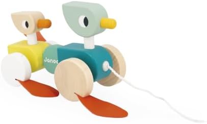 Janod Zigolos Pull Along Duck Family Early Learning and Motor Skills Toy with Flapping Feet Made of Beech and Cherry Wood for Ages 12 Months by Janod