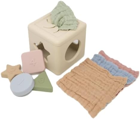 Brooklyn Neutral Silicone Shape Sorter & Tissue Box Toy with Organic Muslin Cotton Cloths - Baby Toys for Development - Montessori Learning Toys for 1 Year Old-Educational Non-Toxic Toy by BROOKLYNNEUTRAL