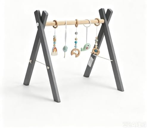 Wooden Baby Play Gym, Foldable Baby Gym Frame with Hanging Sensory Toys for Newborn, Tummy Time Playground(Gray) by XYMERO-NaturalWondersBrighterMinds