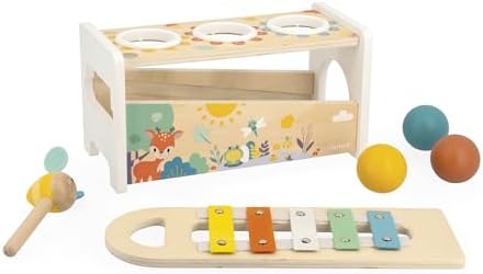 Janod Pure Tap Pastel Wooden Xylophone Pounding Bench with Cherry Wood Balls & Bee Shaped Hammer for Ages 12+ Months (J05155) - Image 4