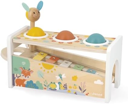 Janod Pure Tap Pastel Wooden Xylophone Pounding Bench with Cherry Wood Balls & Bee Shaped Hammer for Ages 12+ Months (J05155) - Image 3