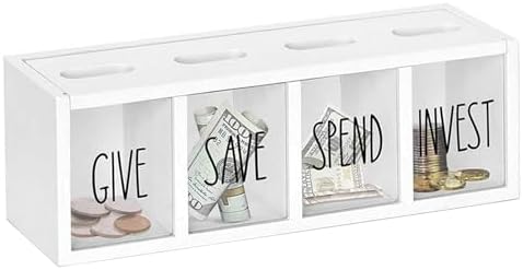 Save Spend Give Bank for Kids, Wooden Money Saving Box with Visual Compartments, 12.9x4.3x3.5 inch Wall-Mounted Montessori Coin Box, White by Unknown
