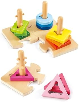 Hape Wooden Creative Peg Puzzle| Shape Sorter Stacking Peg Puzzle| Montessori Color Recognition Stacker Toy for Toddlers - Image 2