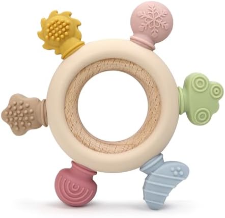 Baby Teether Ring for 0–12 Months, Detachable Wooden Silicone Teether with Easy-Grip Round Design, Sensory Teething Toy with Soft Textured Tips for Early Development by Vbglmya