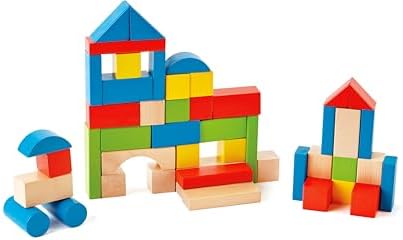Hape Maple Wood Kids Building Blocks Stacking Wooden Block Educational Toy Set for Toddlers, 50 Brightly Colored Pieces in Assorted Shapes and Sizes by Hape