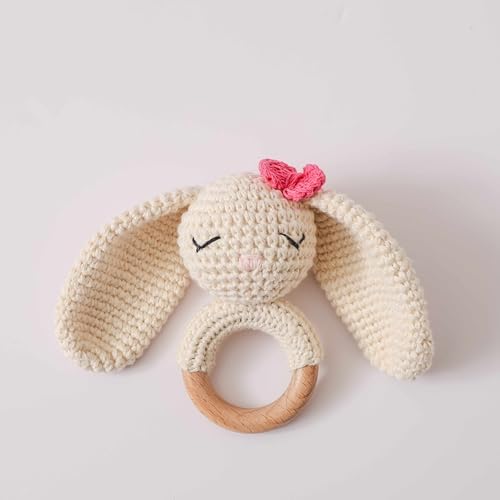 Natural Hand-Knit Wooden Baby Rattle - Soft Animal Shaped Sensory Toy for Newborns, Infants | Safe Beechwood & Crochet Texture | Perfect Baby Shower Gift by GOODMOM