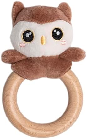 Pearhead Owl Wooden Baby Teether - Soft Plush Lovey, Baby Keepsake by Pearhead
