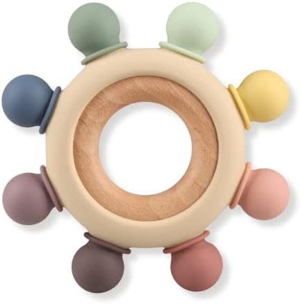 Baby Teething Toys, Silicone Chewable Teethers with Wooden Ring for Soothing Babies Gums, Rudder Chewers Shower Gift for lnfants & Toddlers, 3+ Months (8 Directions, Gray) by Kalovin