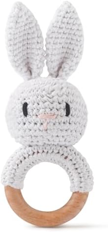 Baby Crochet Rattle Toy - Hand-Knitted Animal Bunny Teether with Soft Bell, Montessori Sensory Toy for Infants 0-36 Months, Natural Wood Teething Ring, Ideal Newborn Keepsake Gift by Unknown
