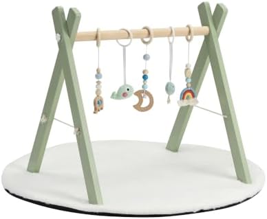 Wooden Baby Play Gym with Activity Mat, Foldable Baby Gym Frame with Hanging Sensory Toys for Newborn, Tummy Time Playground(Green) by XYMERO-NaturalWondersBrighterMinds